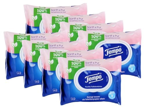 Tempo Feuchte Toilettentücher sanft & pur, parfümfreie Feuchttücher mit ultra-sanfter Formel, 8 x 42 Tücher (336 Tücher)