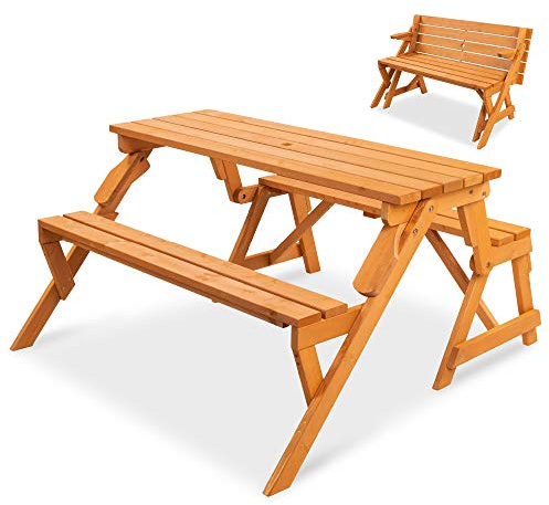 Best Choice Products 2-in-1 Transforming Interchangeable Outdoor Wooden Picnic Table Garden Bench for Backyard, Porch, Patio, Deck w/Umbrella Hole - Natural