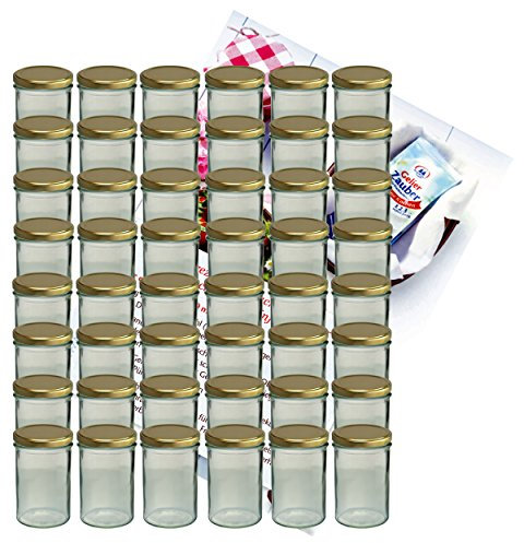 MamboCat 48er Set Sturzglas 435 ml Marmeladenglas Einmachglas Einweckglas to 82 Goldener Deckel incl. Diamant-Zucker Gelierzauber Rezeptheft