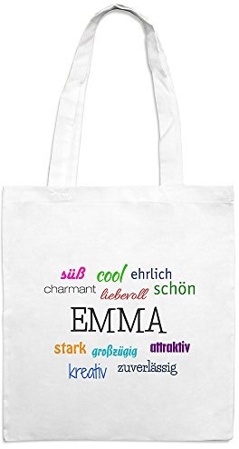Jutebeutel mit Namen Emma - Motiv Positive Eigenschaften - Farbe weiß – Stoffbeutel, Jutesack, Hipster, Beutel