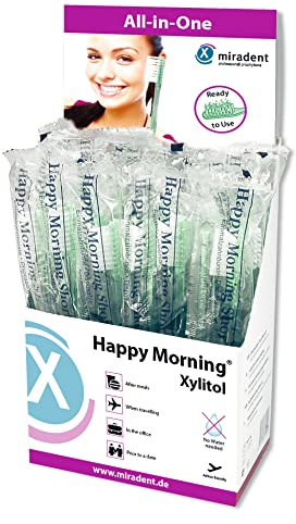 miradent Happy Morning® Einmalzahnbürste Reisezahnbürste Gästezahnbürste 50 St. mit Xylitol Zahncreme imprägniert | hygienisch einzeln verpackt | optimal für Kurzreisen | mit frischem Minzgeschmack