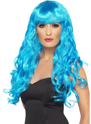 Smiffys Sirene Perücke, Blau, Lang, Lockig mit Fring