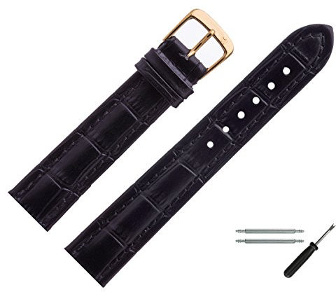 MARBURGER Uhrenarmband 18mm Leder Schwarz Gold Alligator Prägung Mit Naht - Montage Set 5511810000220