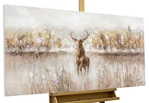 KunstLoft Leinwandbild | 100% HANDGEMALT | 120x60cm | Gemälde 'Auge in Auge' | Hirsch | Beige Braun | Wandbild Wohnzimmer