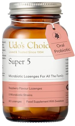 Udo's Choice Super 5 Probiotic Lozenges – 5 Strains for Gut & Oral Health – 2 Billion CFU – Raspberry Flavour – Sugar Free – Suitable for Adults & Kids – Travel-Friendly – 60 Vegetarian Lozenges