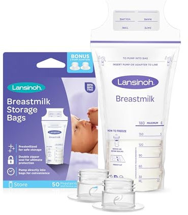 Lansinoh Breast Milk Storage Bags Breastmilk Pouches for fridge or freezer use, store flat or standing, BPA and BPS free, pre-sterilised, double zipper seal, Pack of 50