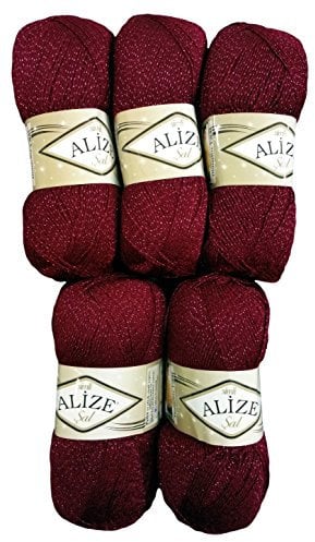 Alize 5 x 100 g Glitzerwolle SAL zum Stricken und Häkeln, 500 Gramm Metallic – Wolle (Bordeaux rot 57)