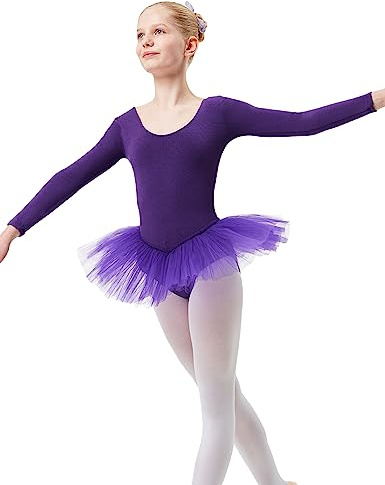 tanzmuster Ballettkleid Mädchen Langarm - Alea - Tutu aus weicher Baumwolle Ballettbody Ballett Trikot in lila, 140/146
