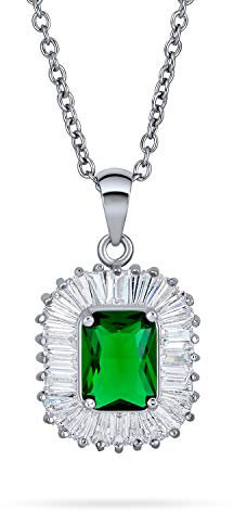 Bling Jewelry Art Deco Stil Grüner Rechteck Baguette Halo AAA CZ Simulierter Smaragdschliff Anhänger Halskette für Damen Versilbert