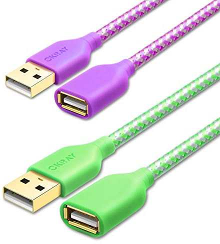 OKRAY USB Extender, 2 Pack 6 Feet USB 2.0 Extension Cable, Durable Nylon Braided Type A Male to A Female Cord Data Transfer Extender Cable for Printer, USB Flash Drive/Game Controller (Purple Green)