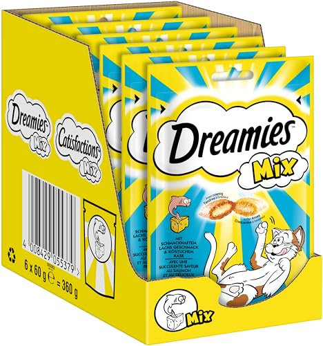 Dreamies Mix Katzensnacks mit Lachs & Käse – Außen knusprig & innen cremig – 6 x 60g