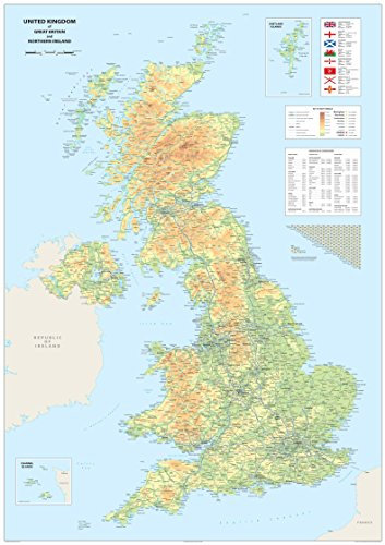Detailed Physical Map of the United Kingdom of Great Britain and Northern Ireland - Size 100 x 70 cm - Paper Laminated