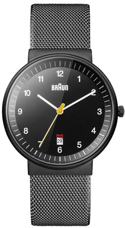 Braun Mens 3-Hand with Date Analogue Quartz Watch, Black Dial and Black Milanese Mesh Strap, 40mmBlack Stainless Steel Case, Model BN0032BKBKMHG.