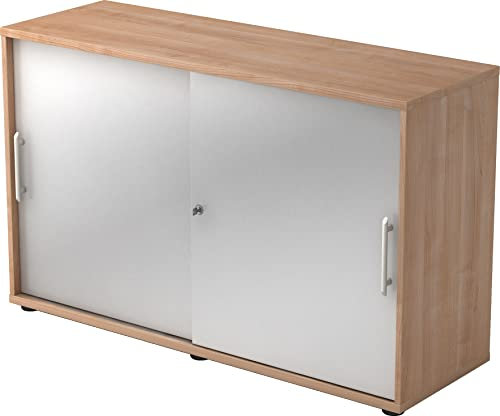 bümö Schiebetürenschrank 2OH - Aktenschrank abschließbar, Sideboard Schrank mit Schiebetüren in Nussbaum/Silber - Büroschrank aus Holz mit Schiebetür, Büro Kommode für Ordner & Co.