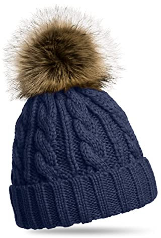 Caspar MU104 Damen Strickmütze mit Fellbommel, Farbe:dunkelblau, Größe:One Size