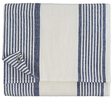 Linen & Cotton Tischdecke Rustikal Landhaus Vintage Olivier -100% Leinen, Weiß Blau (150 x 200 cm) Tischtuch Stoff Tischwäsche Rechteckig Streifen für Haus Home Küche Dekoration Sommer Party