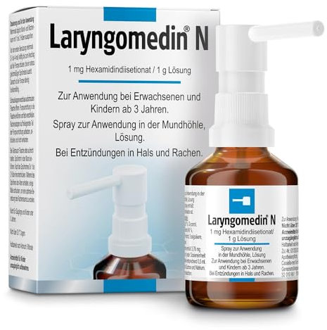 Laryngomedin N Halsspray wirksam gegen Bakterien & Pilze | lindert Hals- & Rachenentzündungen | Antiseptikum mit Wirkstoff Hexamidim | geeignet für Kinder ab 3 Jahren | 45g