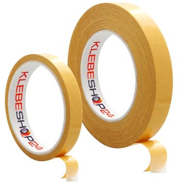 KLEBESHOP24 KLEBEBAND DOPPELSEITIG | Handreißbar | Breite wählbar | 10/50 m | Stark klebend | Universalklebeband | Doppelklebeband für Papier, Metall, Kunststoff, Pappe, Holz etc. / 12 mm x 50 m