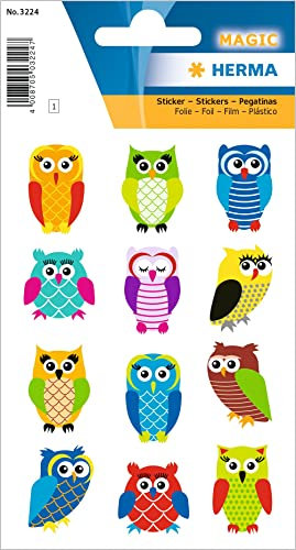 HERMA 3224 Aufkleber Eulen Glitzer klein groß, 12 Stück, Tiere Sticker mit lustigen Eule Vogel Motiv, Kinder Etiketten für Fotoalbum Tagebuch Poesiealbum Scrapbooking Geburtstag Dekoration DIY Basteln