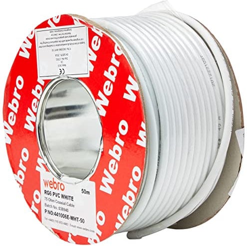 Webro - Cable coaxial (50 m, RG6, Digital, para Antena y televisión por satélite), Color Blanco