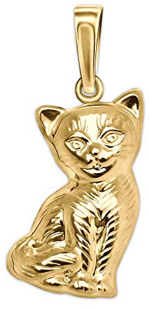 CLEVER SCHMUCK Goldener Damen Anhänger Katze sitzend, beidseitig plastische Form, Fell als Strichmuster glänzend 333 GOLD 8 KARAT