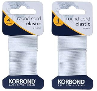 KORBOND Industries 107983 White 8m Cord Elastic– 2 x 4m Rolls-Ideal for Repair Work, Buttonholes, Baby, Dolls Clothes, Garments, Home Furnishings & Jewellery Making, Polyester