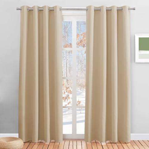 PONY DANCE Thermovorhang mit Ösen Vorhänge Wohnzimmer 2er Set H 210 x B 132 cm Verdunklungsvorhänge Ösen Vorhang Wärmeisolierend Thermogardinen, Biscotti Beige