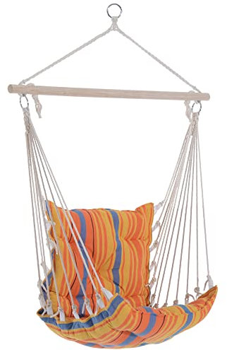 Outsunny Outdoor Hanging Rope Chair with Soft Padded Seat & Backrest, Garden Hammock Chair with Wooden Support Bar Cotton Cloth, Portable Garden Chair for Patio & Tree, Orange
