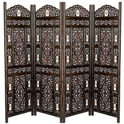 Topfurnishing 4 Panel Room Divider Free Standing Mango Wood Hand Carved Folding Screen Partition Privacy Screen Decorative Headboard (Bells Design, Walnut, 200 x 180 cm)