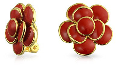Rosa Rote Emaille Blume Kristallrand Frühling Retro Florale Rosen Ohrclips Für Frauen Nicht Gepiercte Ohren Vergoldet