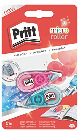 Pritt Korrekturroller, sofort überschreibbar, einfache Anwendung durch flexible Spitze, 5-er Vorteilspack mit jeweils 1 blauem und 1 pinkem Roller, Bandlänge 6 m, Bandbreite 5 mm, PRKMB, Weiß