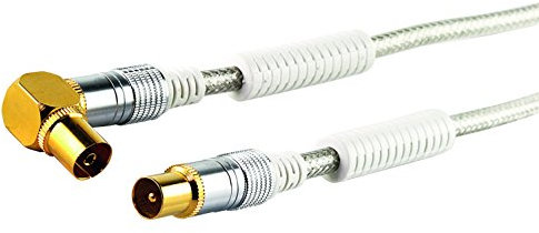 Schwaiger Premium Antennen Anschlusskabel 110 dB mit Ferritkern, 5,0m, transparent, IEC Stecker > 90° IEC Winkelbuchse, 4-Fach Schirmung, 75 Ohm, digital, HDTV, DVB-C/DVB-T2