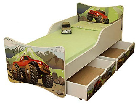 Best For Kids Kinderbett mit Schaummatratze mit TÜV Zertifiziert 90x180 MIT Zwei SCHUBLADEN 30 Designs (**Kinder**, Auto)