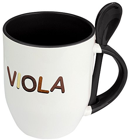 Namenstasse Viola - Löffel-Tasse mit Namens-Motiv Schokoladenbuchstaben - Becher, Kaffeetasse, Kaffeebecher, Mug - Schwarz