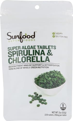 Sunfood Chlorella Spirulina Tablets - Spirulina and Chlorella Powder Pills, Green Algae Supplement Rich in Chlorophyll, Broken Cell Wall, Vegan - 2 oz Bag
