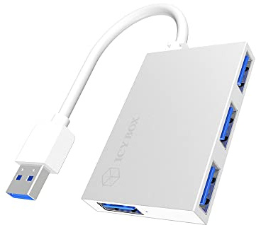 ICY BOX IB-Hub 1402 4-Fach USB 3.0 Hub, integriertes USB-Kabel, Aluminiumgehäuse, Silber/weiß