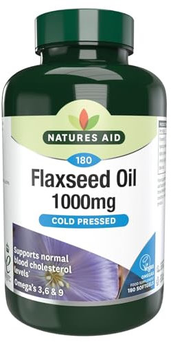 Natures Aid Capsules d'Huile de Lin 1000mg - Oméga 3-6-9 Haute Puissance Pressées à Froid pour la Santé Cardiaque, le Cholestérol & la Santé Cérébrale - Végétalien - Supplément Vitaminé Paquet de 180