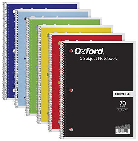 Oxford Tops Notizbücher, 1 Fach, 20,3 x 26,7 cm, College-Liniert, 70 Blatt, 6 Stück, Farbsortiment kann variieren (65007)
