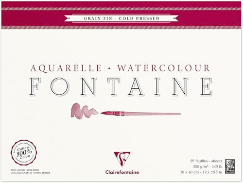 Clairefontaine 96415C Bloc Encollé 4 Côtés Fontaine - 25 Feuilles Papier Aquarelle Blanc 100% Coton Grain Fin Qualité Professionnelle 30x40 cm 300g