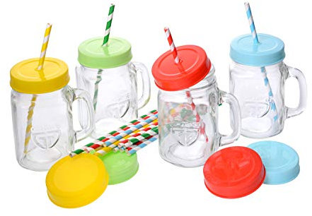 GRÄWE Trinkglas mit Deckel und Strohalm, 4er Pack Trinkgläser mit Schraubverschluss, Henkel, 4 Stück Henkelgläser Set, farbig - 450 ml