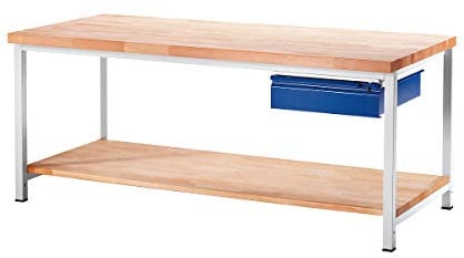 Werkbank, Gestellbauweise, 1 Schublade Größe L, 1 Ablageboden Buche massiv, Tiefe 900 mm, Breite 2000 mm.