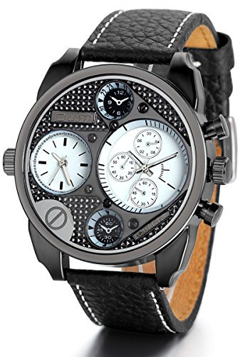 JewelryWe Herren Armbanduhr, Elegant Casual Sportuhr Analog Quarz Schwarz Leder Armband Uhr mit Weiß Große Zifferblatt, 3 Modellen