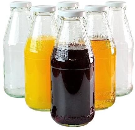 gouveo 6er Set Saftflasche 500 ml mit Schraubdeckel weiß - Runde Glasflasche 0,5 l mit TO43 Verschluss - Leere Flasche zum Befüllen für Küche und Haushalt (SF500W)