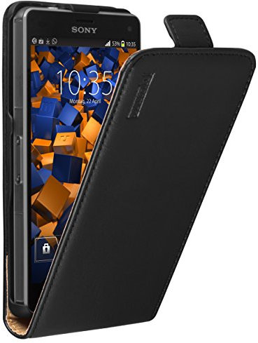 mumbi Echt Leder Flip Case kompatibel mit Sony Xperia Z3 Compact Hülle Leder Tasche Case Wallet, schwarz