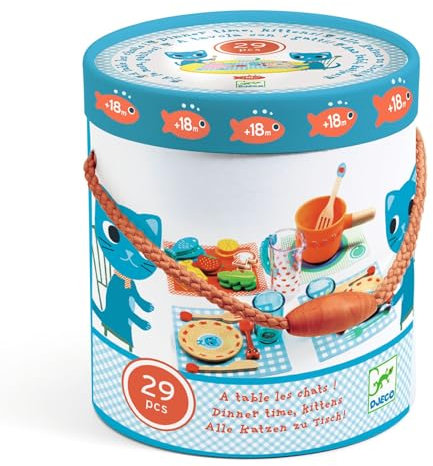 DJECO Dinette Imitation à la Table des Chatons, dès 18m - Apprentissage Ludique des Séquences d'un Repas - Éveil des Couleurs et Formes - Set Complet pour Dresser la Table et Boîte de Rangement