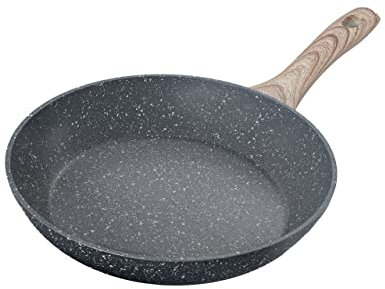 Schallen Non-Stick Anti-Scratch Grey Marble Coated Frying Pans with Cool Touch Handles, Suitable for All Hobs Induction, Electric and Gas Pans (Wooden Soft Handles, 24cm Frying Pan)