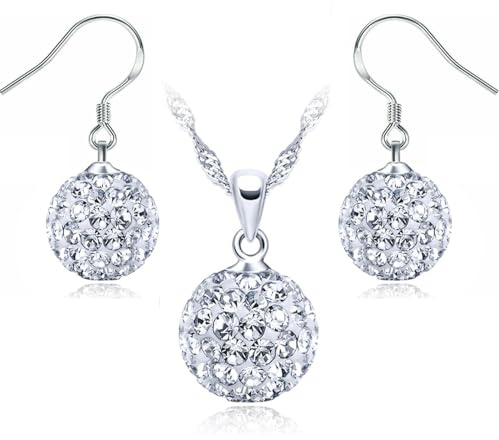 Crystalline Azuria Schmuck-Set Halskette mit Ohrringe Ohrstecker 925 Sterling Silber Kristalle Discokugel Weiß für Damen