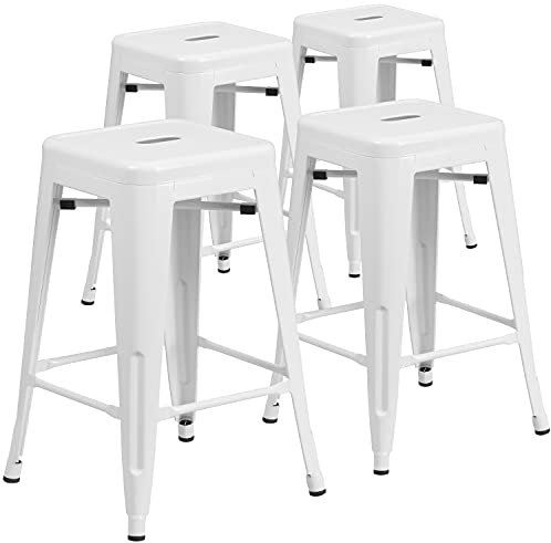 Flash Furniture 4 PK. 24 '' Haut Backless métal Blanc intérieur-extérieur de Hauteur comptoir Tabouret avec siège Carré