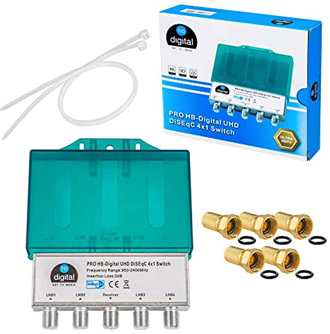 HB-DIGITAL DiseqC Schalter Switch 4/1 mit Wetterschutzgehäuse 4x SAT LNB 1 x Teilnehmer/Receiver für Full HDTV 3D 4K UHD + 5 x Vergoldete F-Stecker Vergoldet