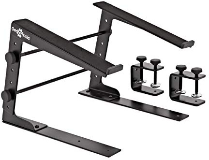 Adjustable DJ Laptop Stand by Gear4music | Height adjustable, sturdy double bracing, angled top shelf, two mounting clamps included, ideal for laptops and controllers